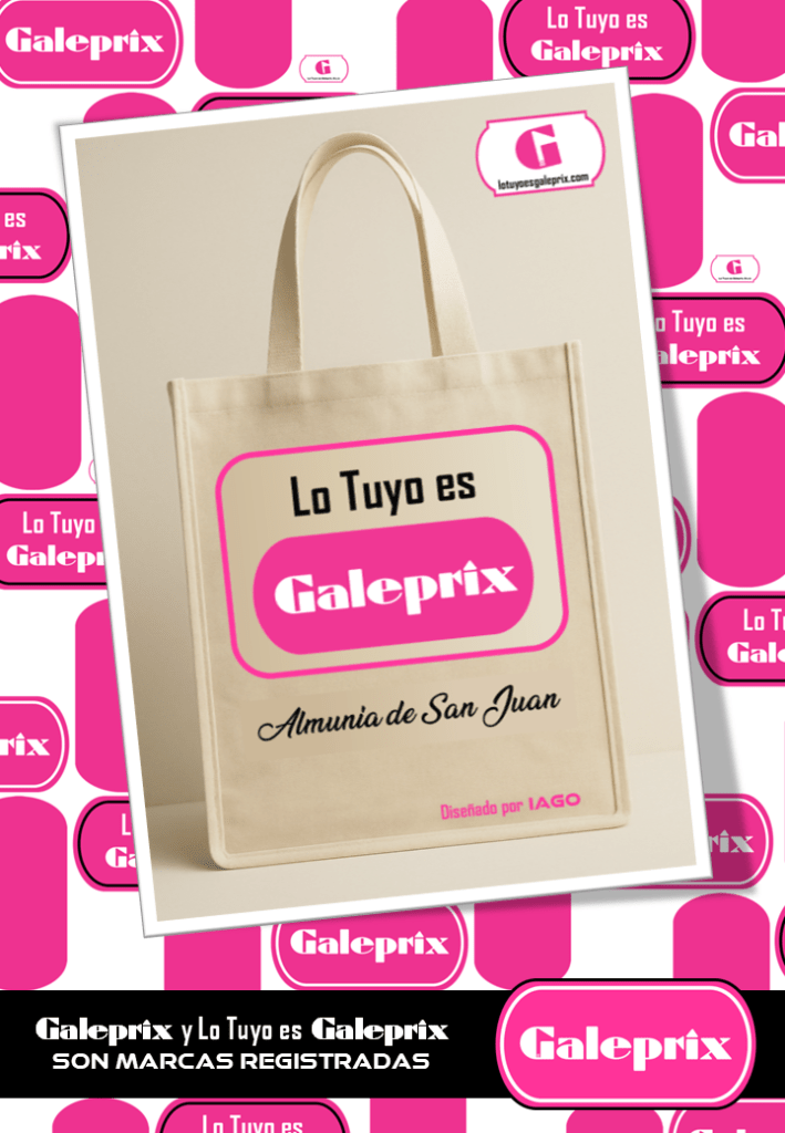 Bolsa retro de Lo Tuyo es Galeprix, sobre el icónico fondo de Galerías Preciados adaptado a Galeprix